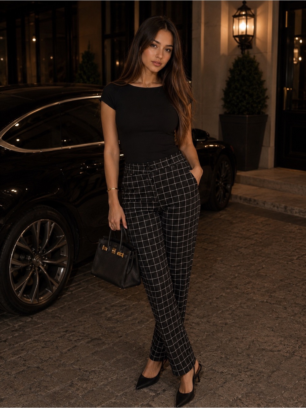 Windowpane Straight-Leg Trousers in Black